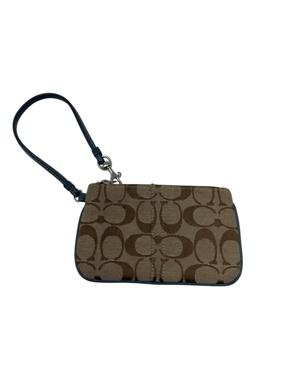 Coach Signature Canvas Leather Trim Tan & Blue Wristlet Wallet